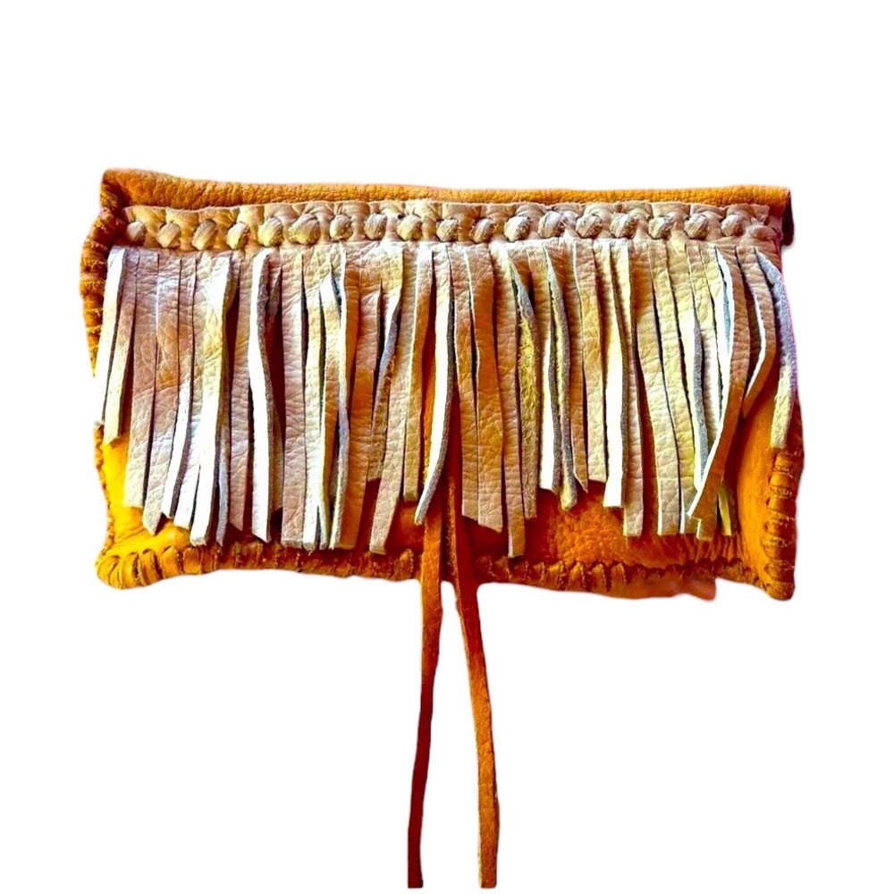 Leather Fringed Boho Clutch Brown Leather with Light Grey Fringe